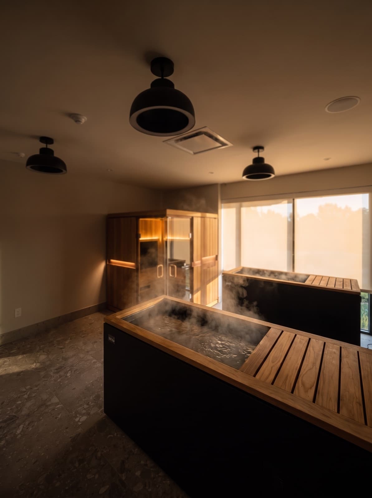 Infrared sauna and elevated cold plunge tubs