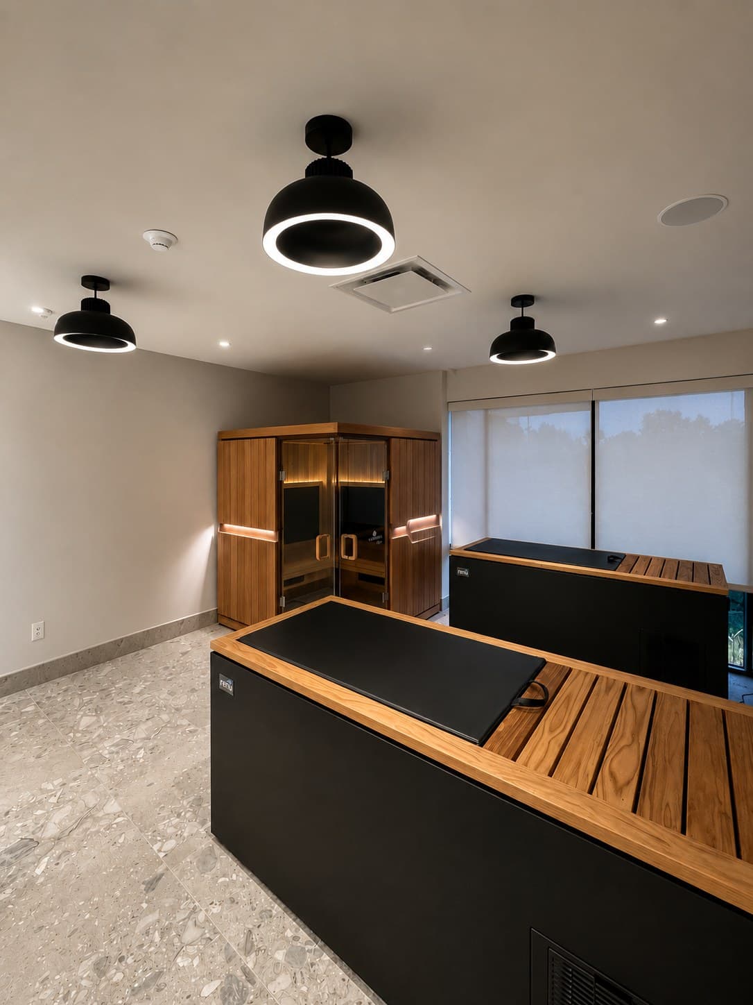 Infrared sauna and cold plunge recovery room