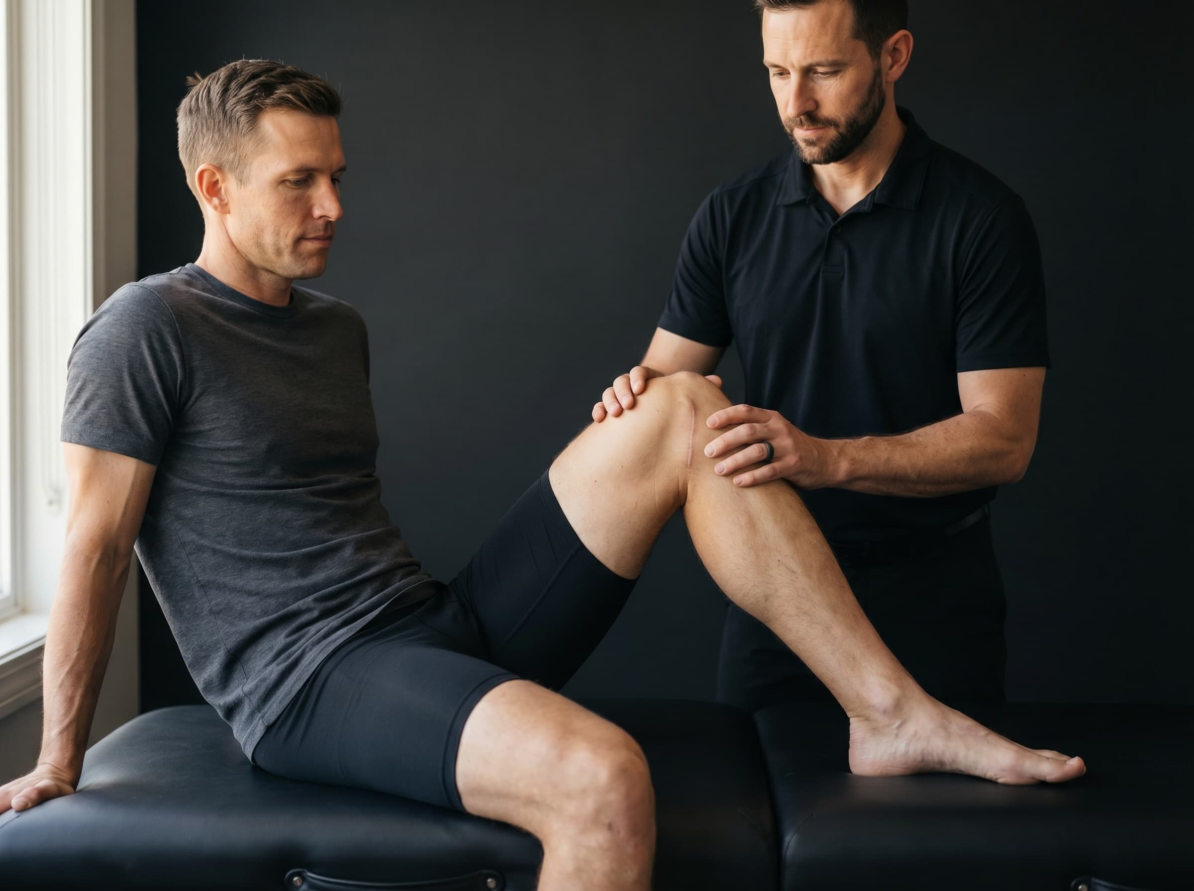 Physical therapist treating a patient's knee on a therapy table